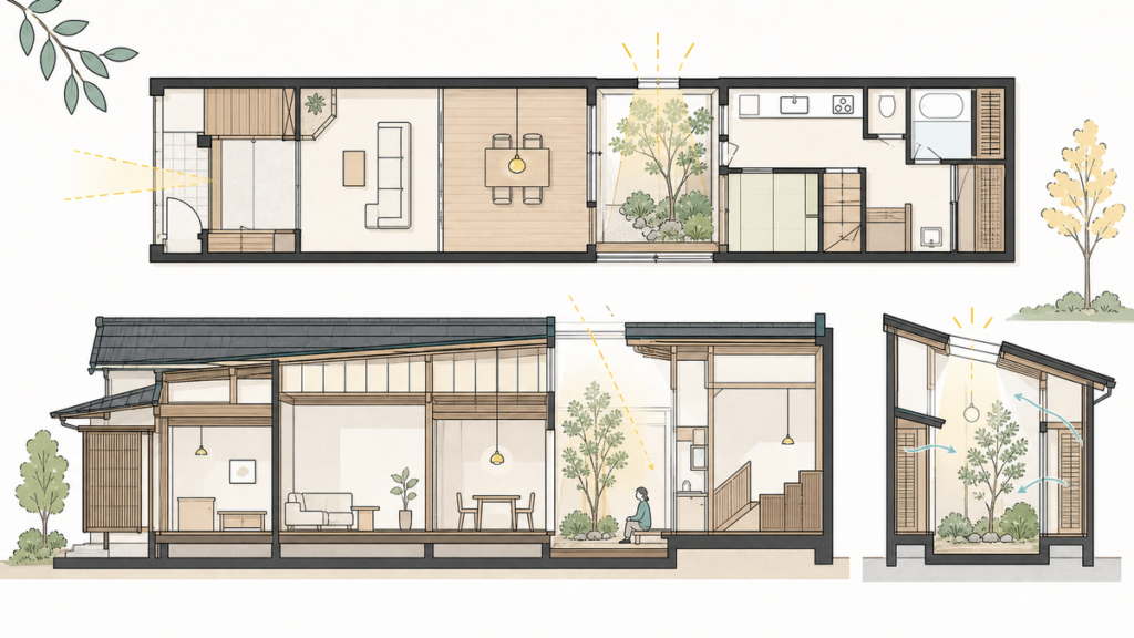 町家の通り庭や中庭、光と風の入り方を断面と平面で示したイラスト