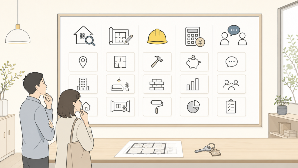 リノベーション会社 京都 おすすめで比較するときの5つの軸を整理するイラスト