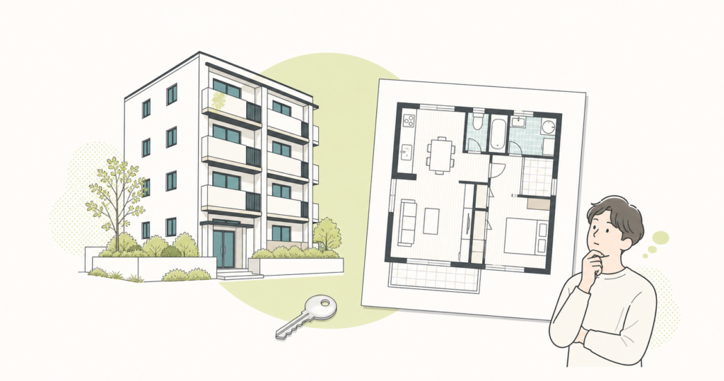 中古マンションと図面を見ながら住まい選びを考える人のイラスト