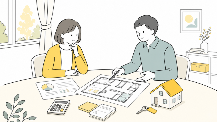 図面と予算資料を見ながらリノベーション費用を相談するイラスト