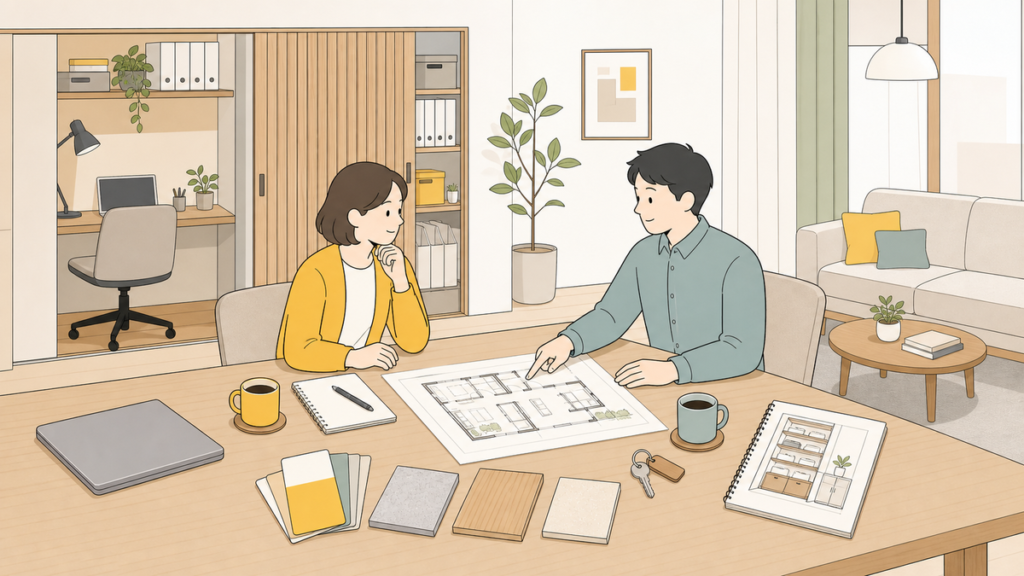 図面を見ながら住まいと仕事場の使い方を相談しているイラスト