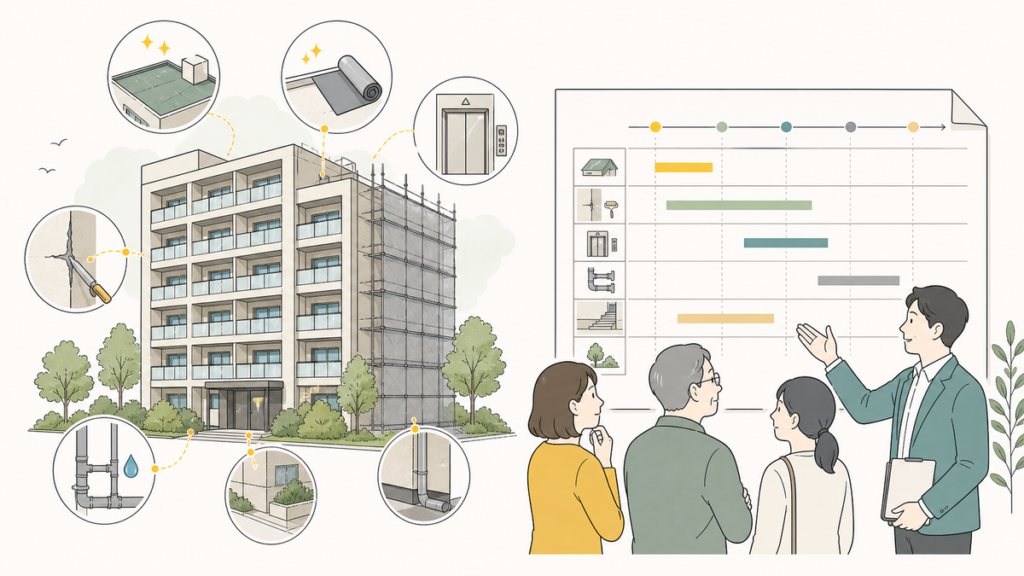 マンションの長期修繕計画と大規模修繕の予定を確認するイラスト