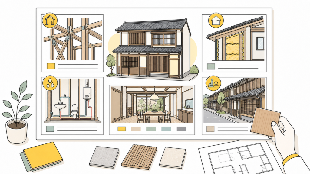 町家の構造、断熱、設備、街並みとの関係を整理して確認するイラスト