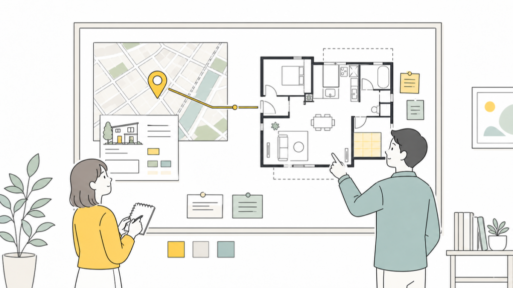 地図と間取り図を見ながら住まいの可能性を相談するイラスト