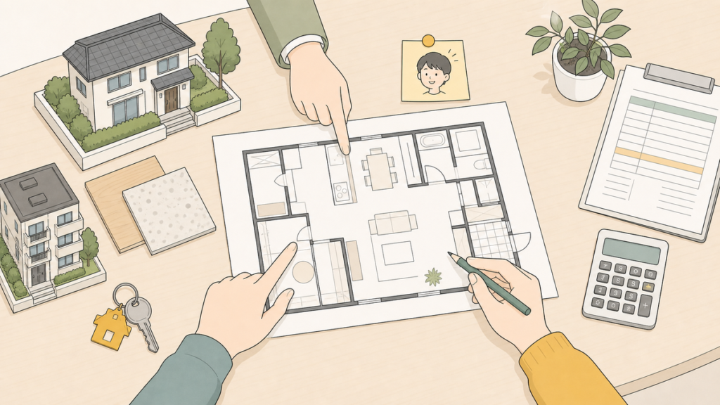 図面や費用を見ながらワンストップリノベーションを相談するイラスト