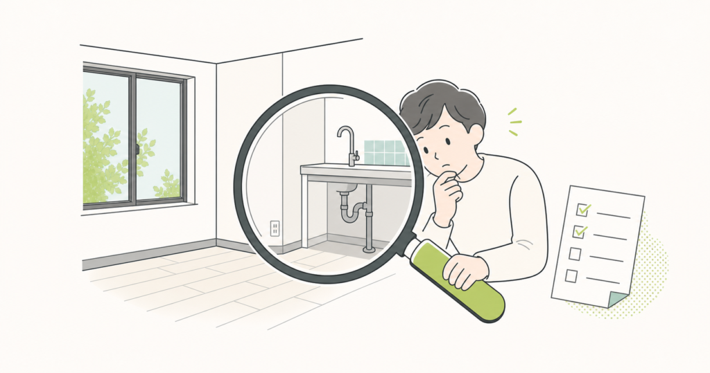 中古マンションの内見で室内を確認する人のイラスト