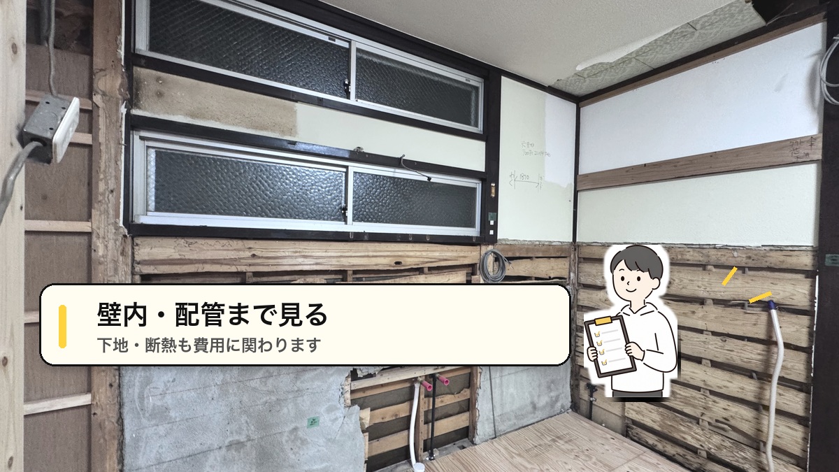 浴室リノベーション費用を左右する壁内の配管、下地、断熱をキャラクターと現場写真で確認する画像