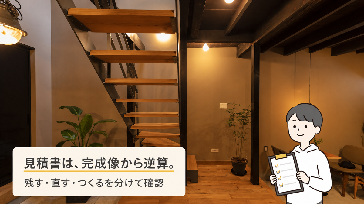 京都のリノベーション完成事例と見積書を確認するキャラクターの画像