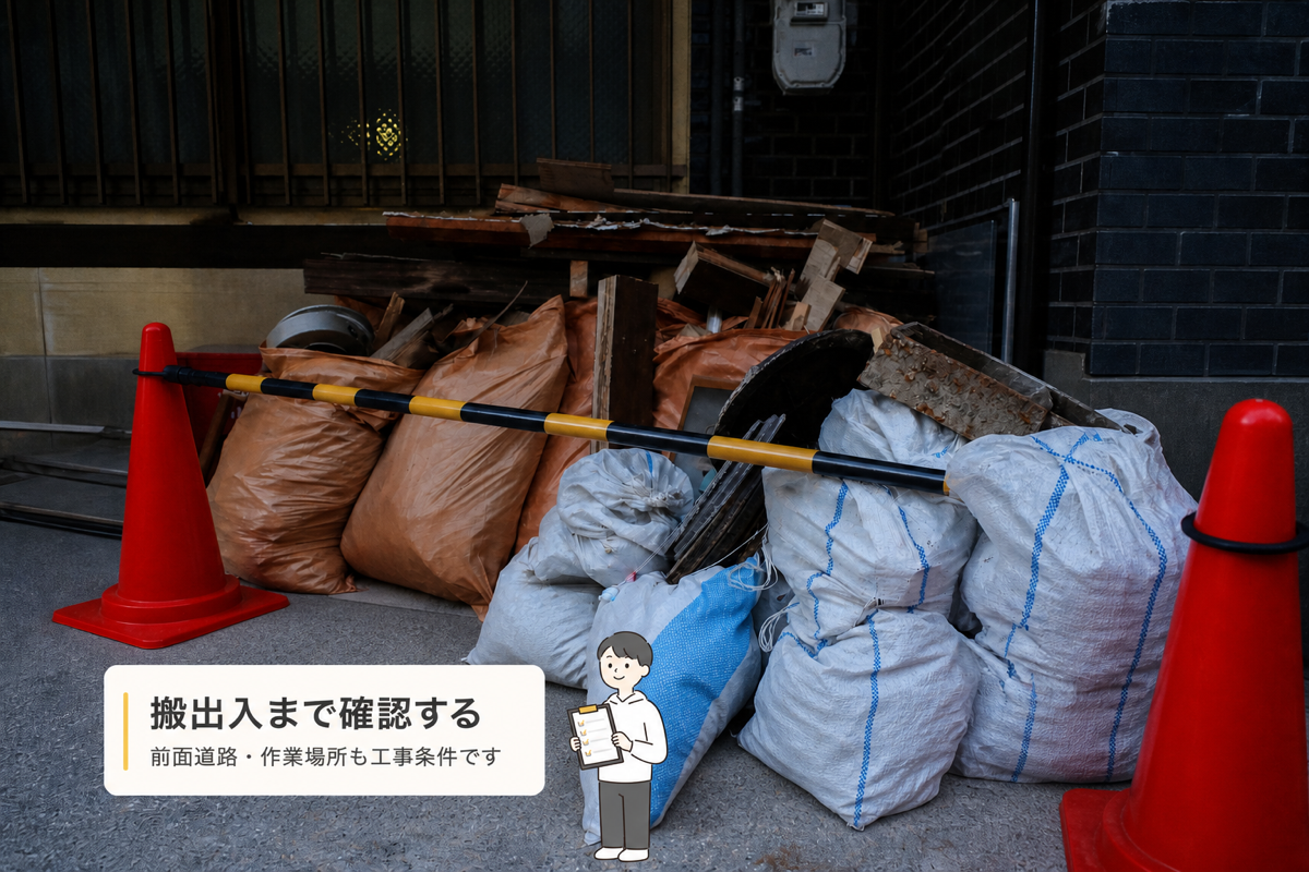 伏見区のリノベーション物件で解体材の搬出入と工事条件を確認するイメージ