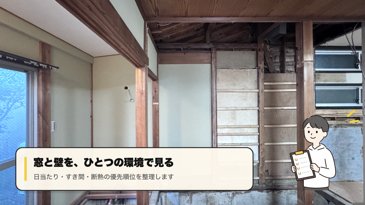 リノベーション 京都市北区で中古住宅の窓や壁、床下を確認する現場写真とキャラクター