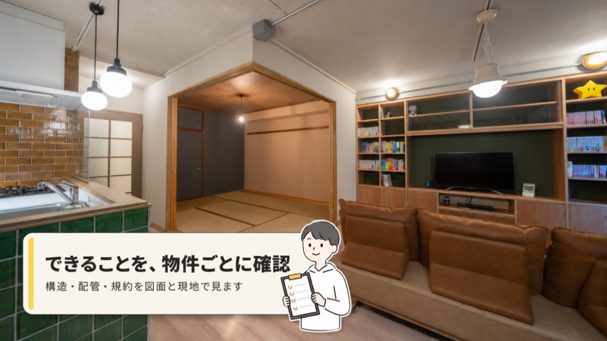 京都の中古マンションリノベーション事例と確認ポイントを案内するキャラクター
