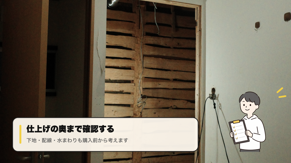 リノベーション 京都市中京区で中古住宅の壁内や下地を確認する現場写真とキャラクター