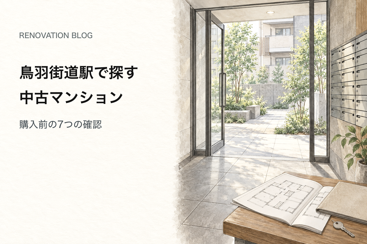鳥羽街道駅の中古マンション選びをイメージした共用玄関と管理資料・間取り図の水彩イラスト