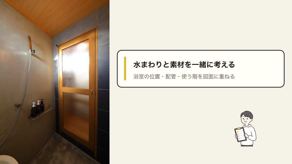 リノファク施工事例「長屋の真ん中ハウス」の木張り天井とガラス入りの扉がある浴室