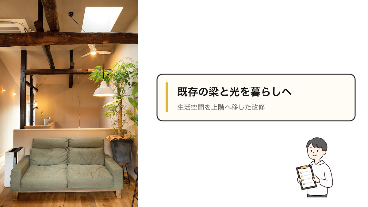 DOMA×NAKA-NIWAの梁を見せたリビング、ソファと天窓から入る光