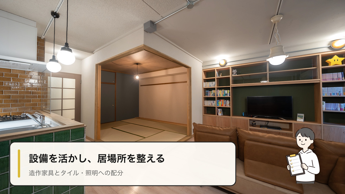 施工事例フウフとネコの家のキッチン、和室と造作テレビボードがつながる室内