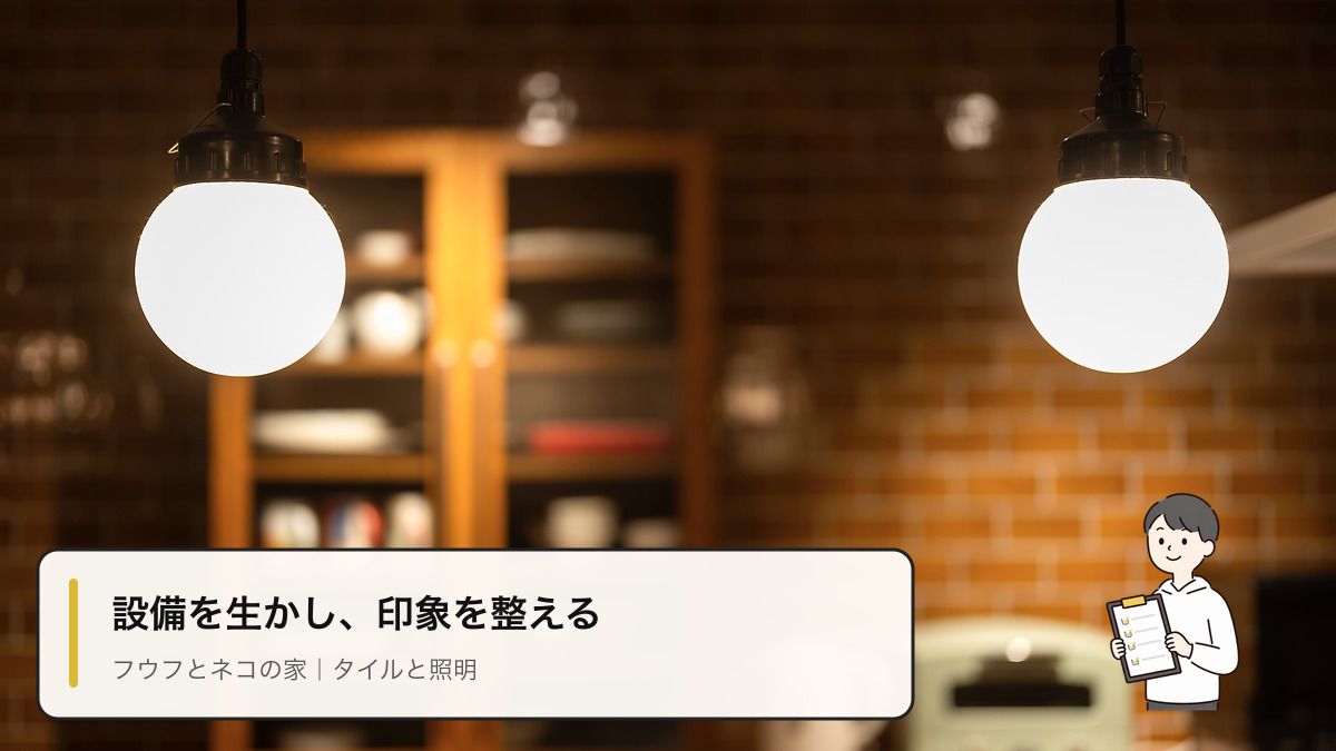 施工事例フウフとネコの家のペンダント照明とキッチン壁面タイル