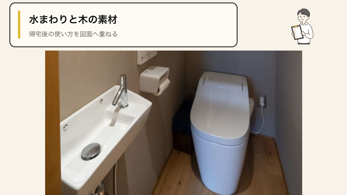 施工事例【長屋の真ん中ハウス】の手洗い器、トイレと木の床