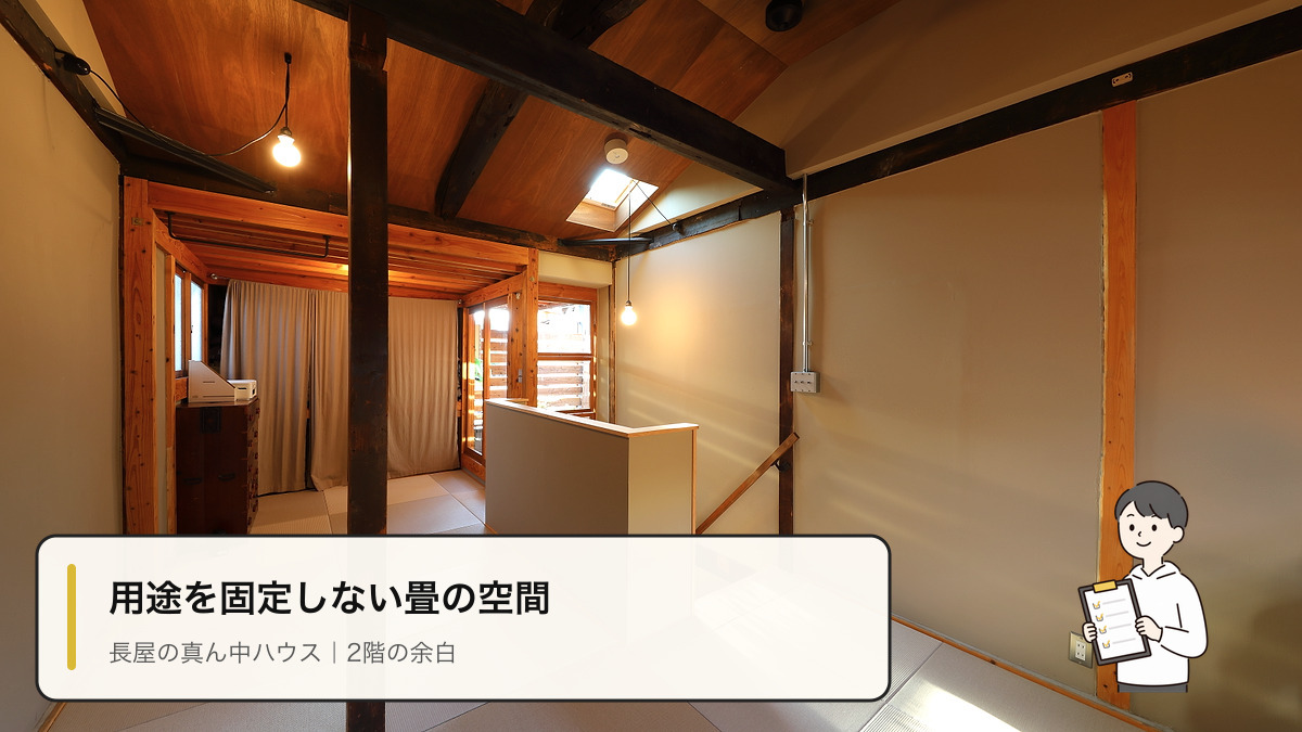 長屋の真ん中ハウスの2階にある畳の自由空間、既存の柱と梁、天窓