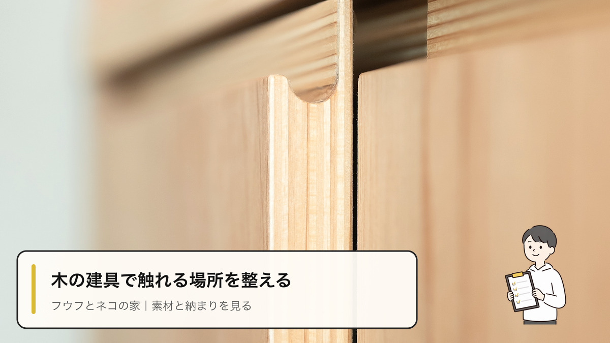 フウフとネコの家の木の建具と、指を掛ける部分の納まり